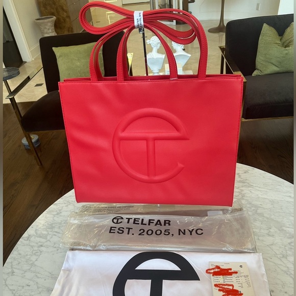 Telfar Large Shopping Bag Red Vegan Leather Tote - Picture 2 of 14